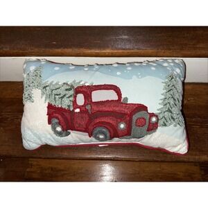 Decorative Pillow Red Truck in Snow with Christmas Tree embroidered